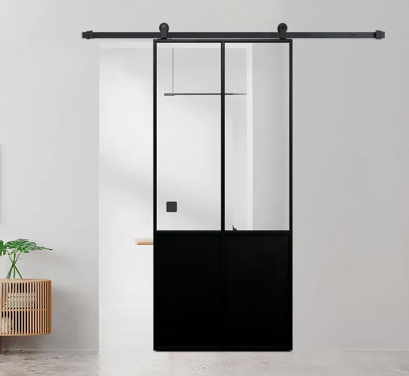 2‑Lite Vertical Split Barn Door, Slim Black Metal Frame Upper Clear Glass & Lower Solid Panel Modern Minimalist Sliding Partition Door