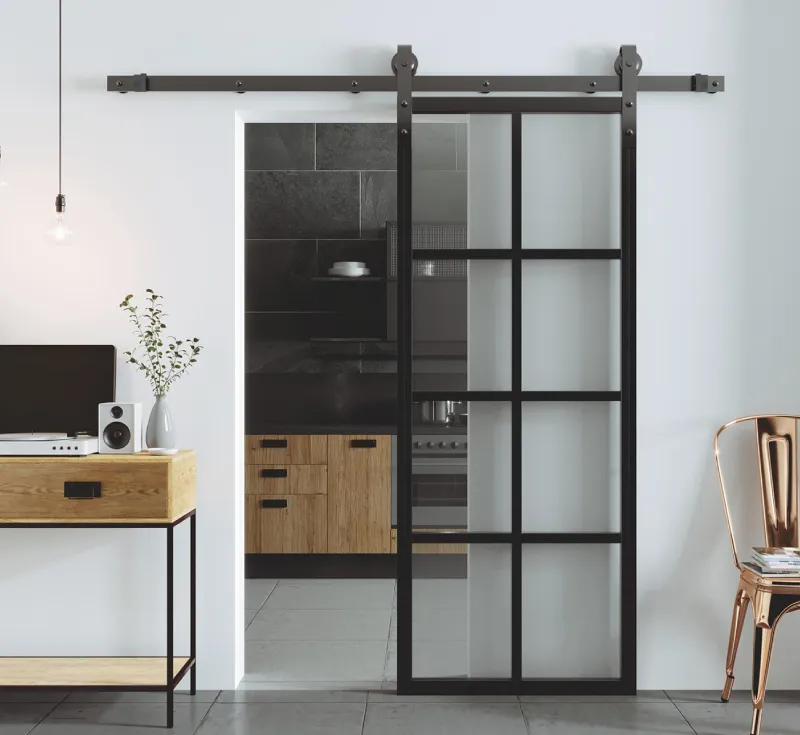 8‑Lite 2×4 Grid Frosted Glass Barn Door, Slim Black Metal Frame Semi‑Privacy Glass Interior Sliding Partition Door