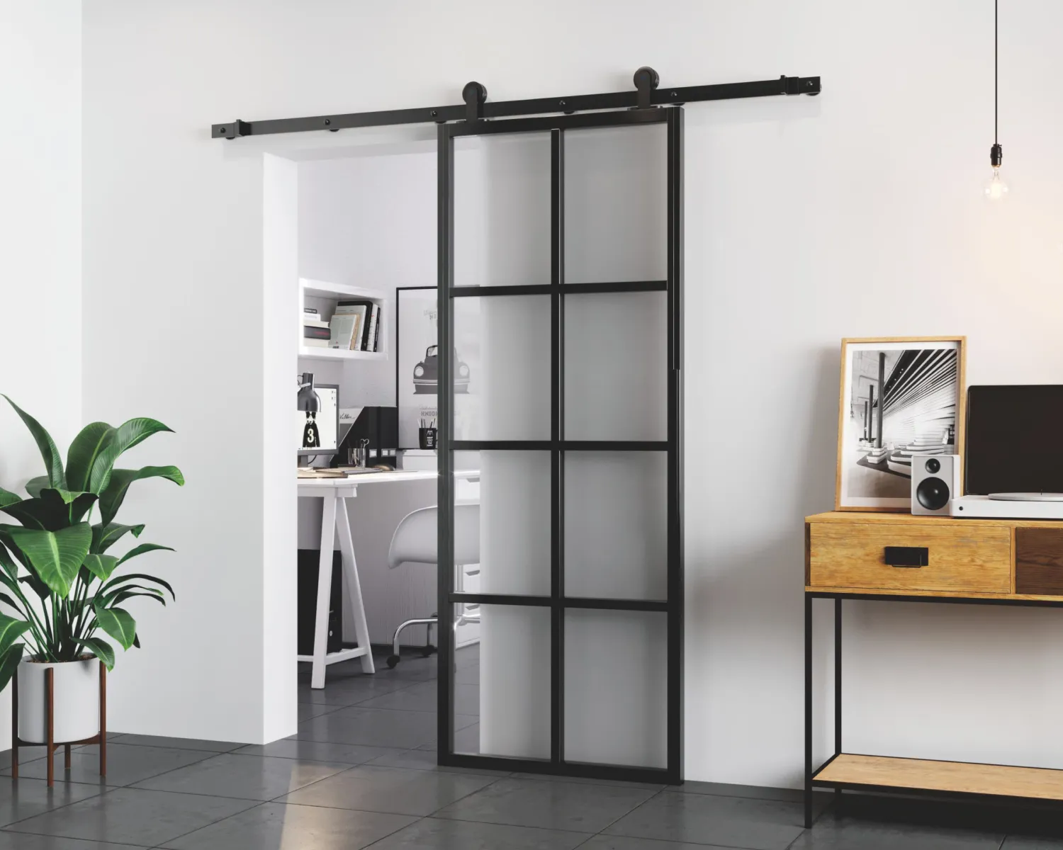Iron Frame Tempered Glass Silver Ripple Texture Ultra-clear Glass Sliding Barn Door