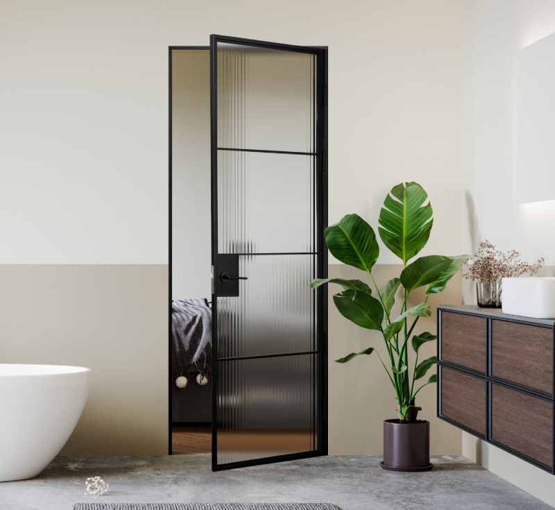 Steel French Door Slim Frame Black Powder Coating Glass Hinged Door