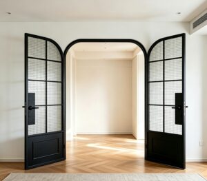 Arched Crittall Style Black Metal Grid Glass Door
