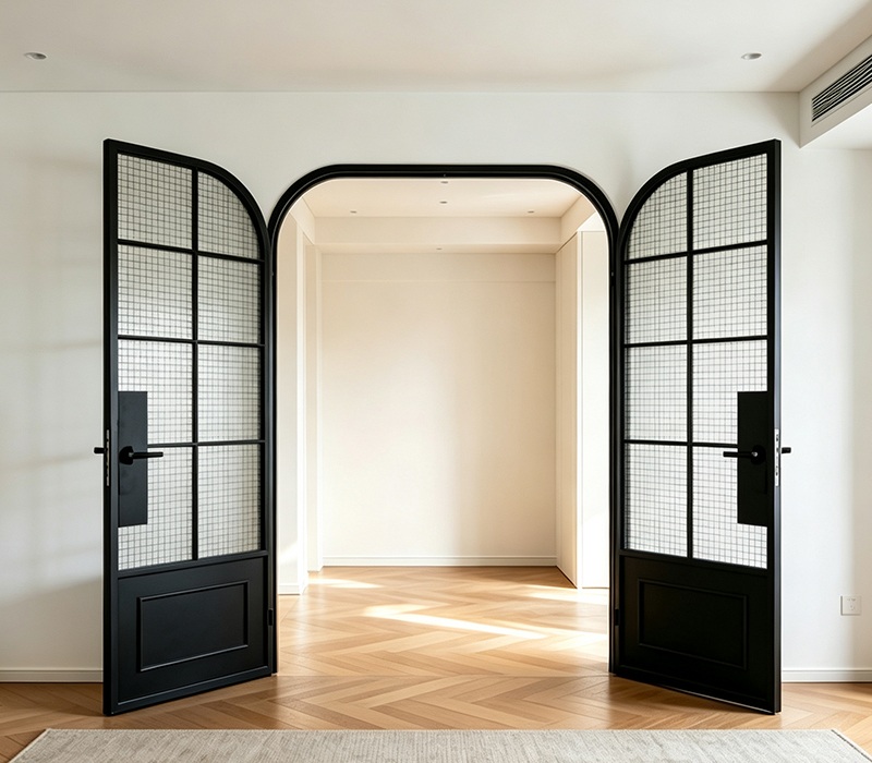 Arched Crittall Style Black Metal Grid Glass Door