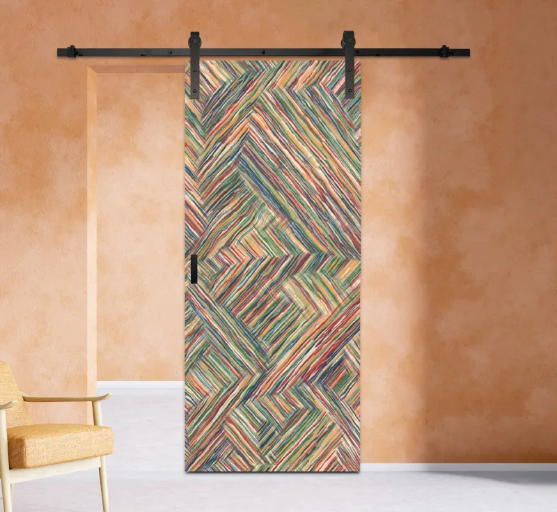 Colorful Herringbone‑Pattern Molded Veneer Sliding Barn Door, Full‑Panel Decorative Interior Barn Door for Bohemian & Eclectic Home Decor