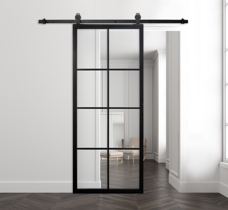 Industrial Black Metal Frame Glass Barn Door, Interior Sliding Barn Door for Home & Office Partition