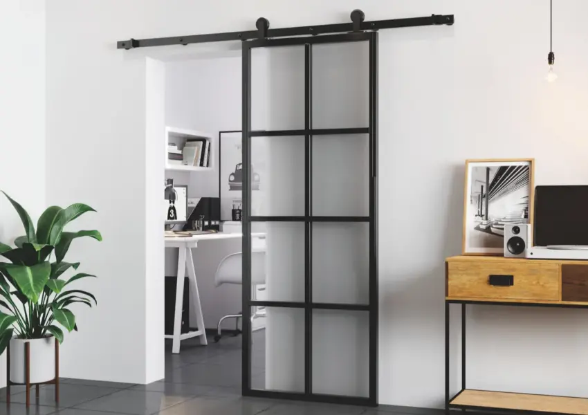 iron-frame glass sliding barn door