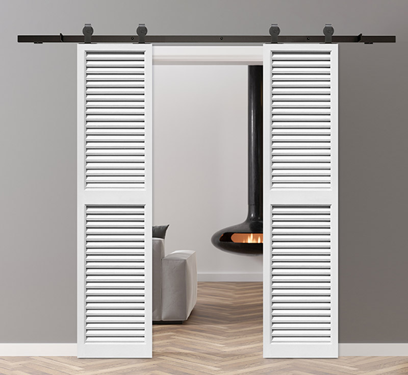 White Double Louvered Vinyl Wrapped Sliding Barn Door
