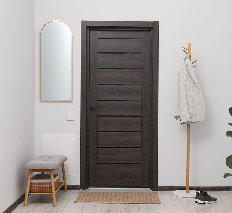 Dark Wood‑Grain Horizontal Slat Vinyl Wrapped Swing Interior Door