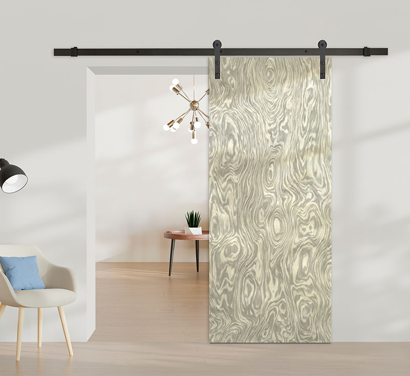 Light Grey Swirl Burl Engineered Tech‑Wood Veneer Sliding Barn Door, Solid‑Core Interior Barn Door with Matte‑Black Hardware Kit for Wholesale Residential Projects