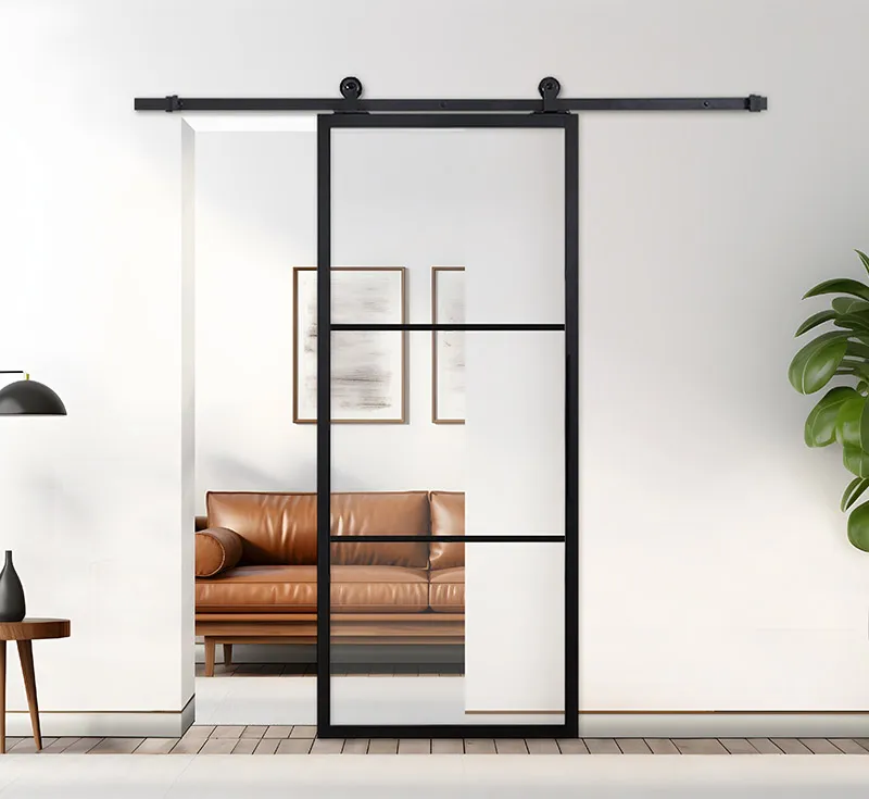 3-Pane Clear Glass Barn Door | Black Iron Frame Sliding Door with Slim Horizontal Bars | Custom Size Modern Interior Door for Living Rooms, Open-Plan Homes & Offices
