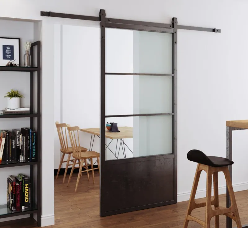 3‑Lite Horizontal Upper Glass Barn Door, Aged Dark Metal Frame Half‑Glass Half‑Solid Industrial Sliding Partition Door