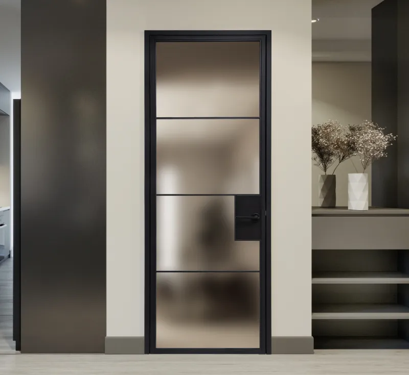 4‑Lite Horizontal Matte Frosted Glass Hinged Door, Slim Black Metal Frame Interior Swing Door with Integrated Lock‑Handle Module
