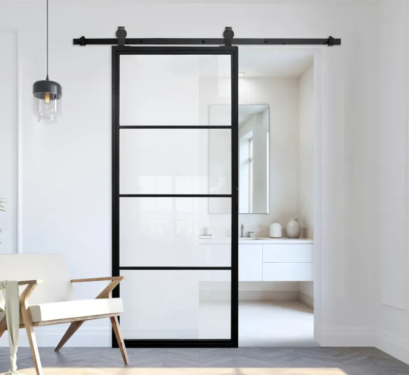 4‑Lite Horizontal Mullion Full Clear Glass Barn Door, Slim Black Metal Frame Modern Minimalist Interior Sliding Partition Door