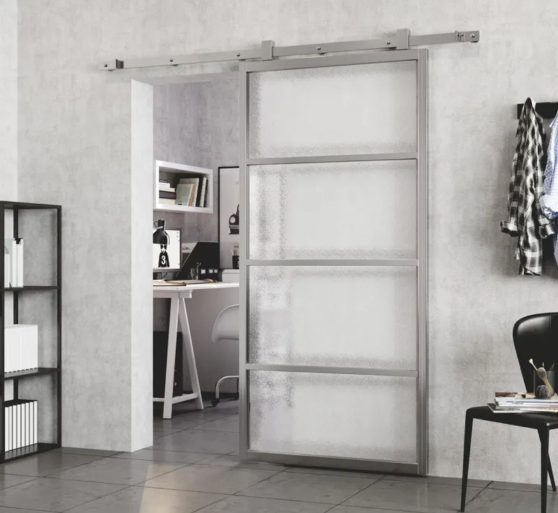 4‑Lite Horizontal Mullion Textured Glass Barn Door, Satin Silver Metal Frame Full Privacy‑Textured Glass Interior Sliding Partition Door