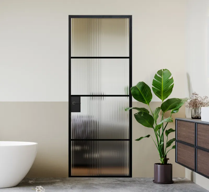 4‑Lite Horizontal Reeded Fluted Glass Barn Door, Slim Black Metal Frame Modern Bathroom‑Ready Sliding Partition Door