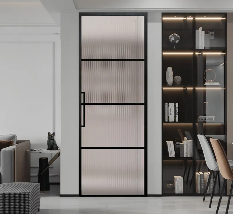 4‑Lite Horizontal Reeded Fluted Glass Door, Slim Black Metal Frame Interior Swing Door with Built‑in Pull Handle
