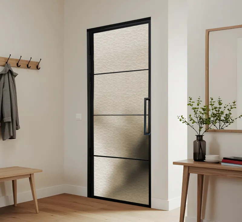 4‑Lite Water‑Ripple Textured Glass Hinged Door, Slim Black Metal Frame Interior Swing Door with Offset Pull Handle