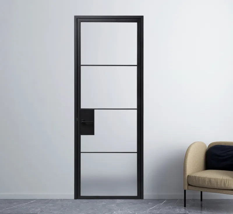 5‑Lite Horizontal Clear Glass Hinged Door, Slim Black Metal Frame Interior Swing Door with Integrated Lock‑Handle Assembly