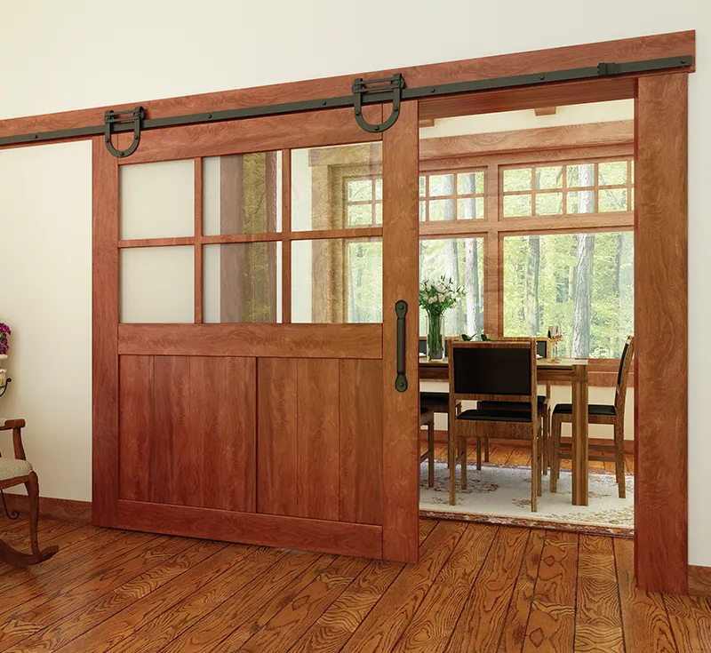 6‑Lite Glass Panel Solid Wooden Sliding Barn Door, Cherry‑Stained Solid Timber Barn Door with Black U‑Shape Hardware Kit for Transitional Farmhouse Wholesale From China Factory Manufacturer