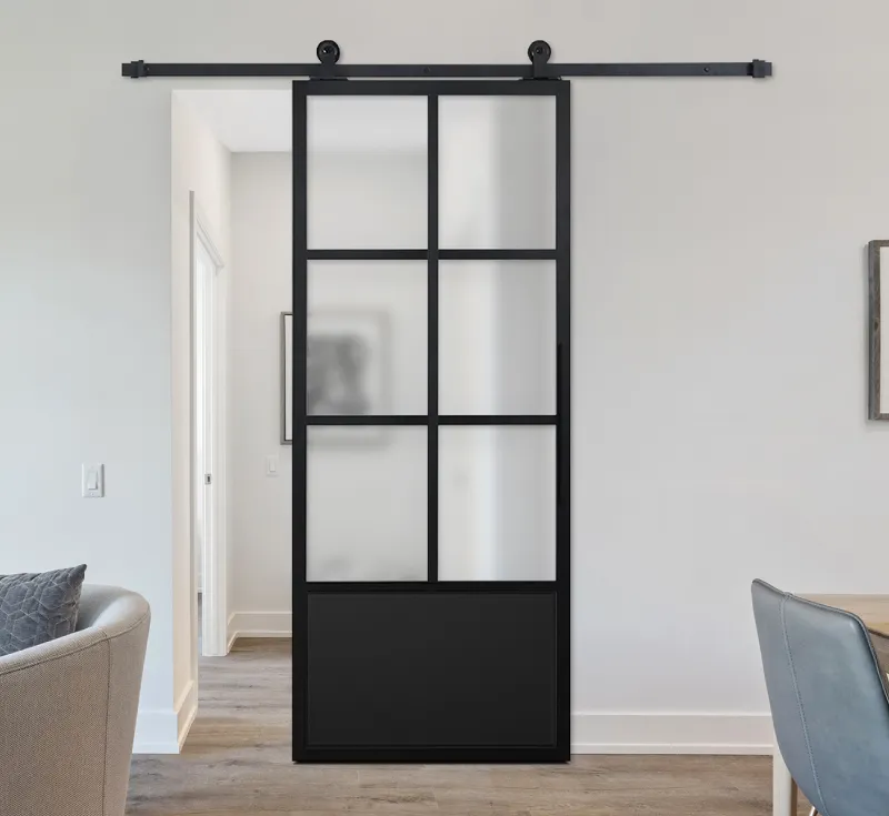 6‑Lite Grid Frosted Glass Barn Door, Black Metal Frame Half‑Solid Metal Lower Panel Modern Industrial Interior Sliding Partition Door