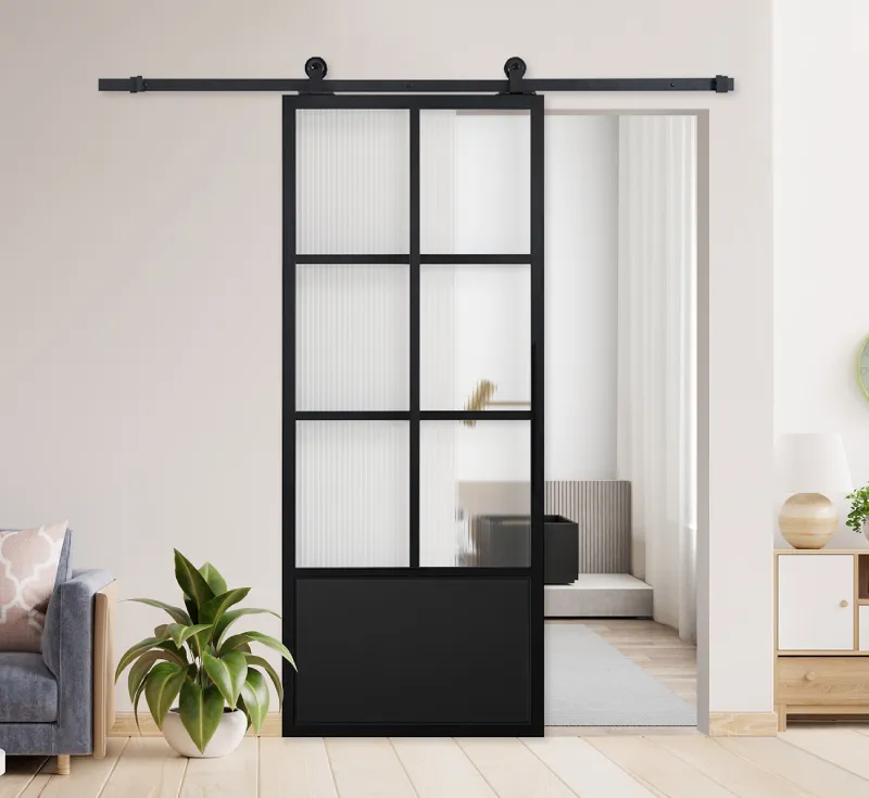 6‑Lite Mixed Reeded & Clear Glass Barn Door, Black Metal Grid Frame with Solid Metal Bottom Panel Modern Industrial Sliding Partition Door