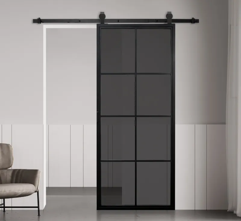 8‑Lite 2×4 Grid Smoke‑Tinted Glass Barn Door, Slim Black Metal Frame Dark Tinted Glass Interior Sliding Partition Door