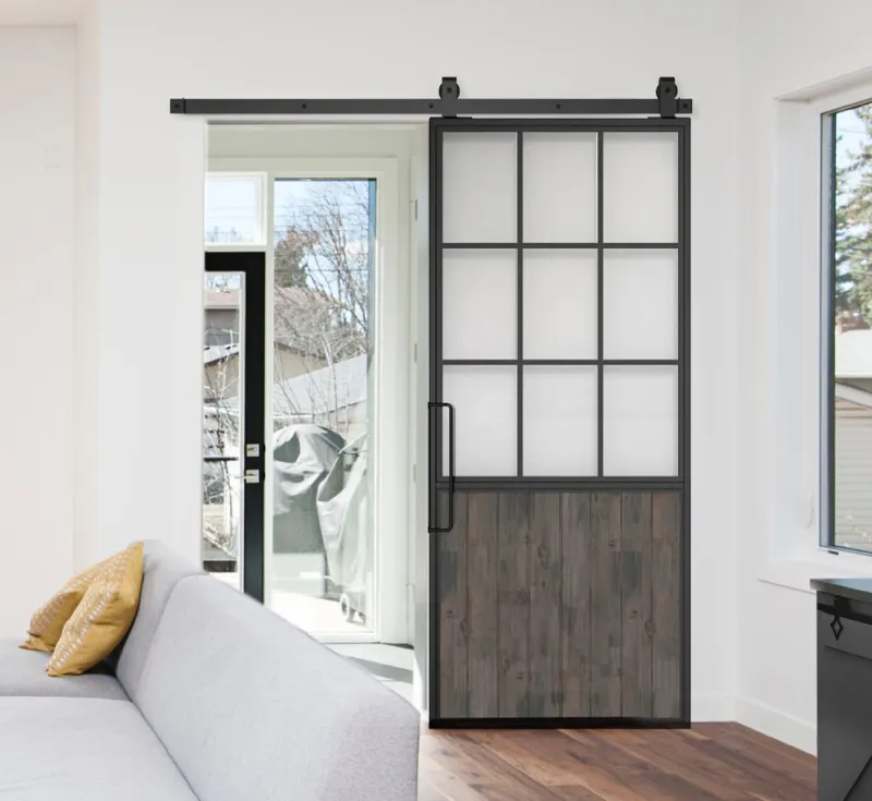 9‑Lite Grid Frosted Glass Barn Door, Black Metal Frame Upper Glass & Weathered Wood Lower Panel Farmhouse Interior Sliding Partition Door