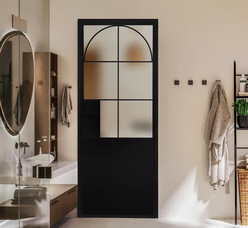 Arched‑Top Crittall‑Style Hinged Door, Black Metal Frame Mixed Water‑Ripple Glass & Solid Lower Panel with Integrated Lock‑Handle