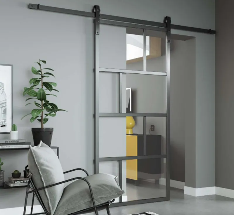 Asymmetrical Grid Clear Glass Barn Door, Gunmetal Gray Metal Frame Multi‑Lite Industrial Modern Sliding Partition Door