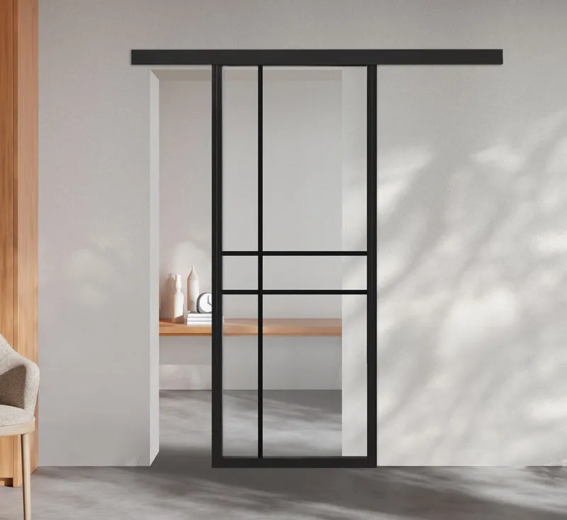 Asymmetrical Grid Glass Barn Door | Matte Black Frame with Off-Center Mullion Design | Custom Pattern Sliding Door for Scandinavian & Modern Minimalist Interiors
