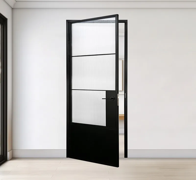 Black Metal Frame Reeded Glass Hinged Interior Door, Crimped Ribbed Glass Swing Door with Lock Handle for Interior Renovation