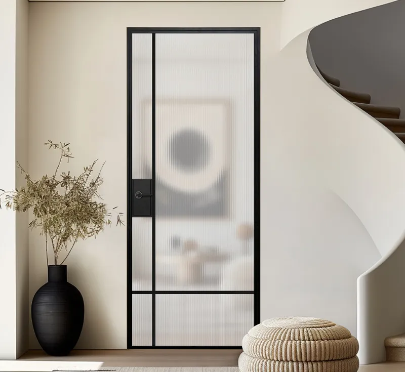 Asymmetrical Vertical‑Split Reeded Glass Hinged Door, Slim Black Metal Frame Swing Door with Integrated Lock‑Handle Module
