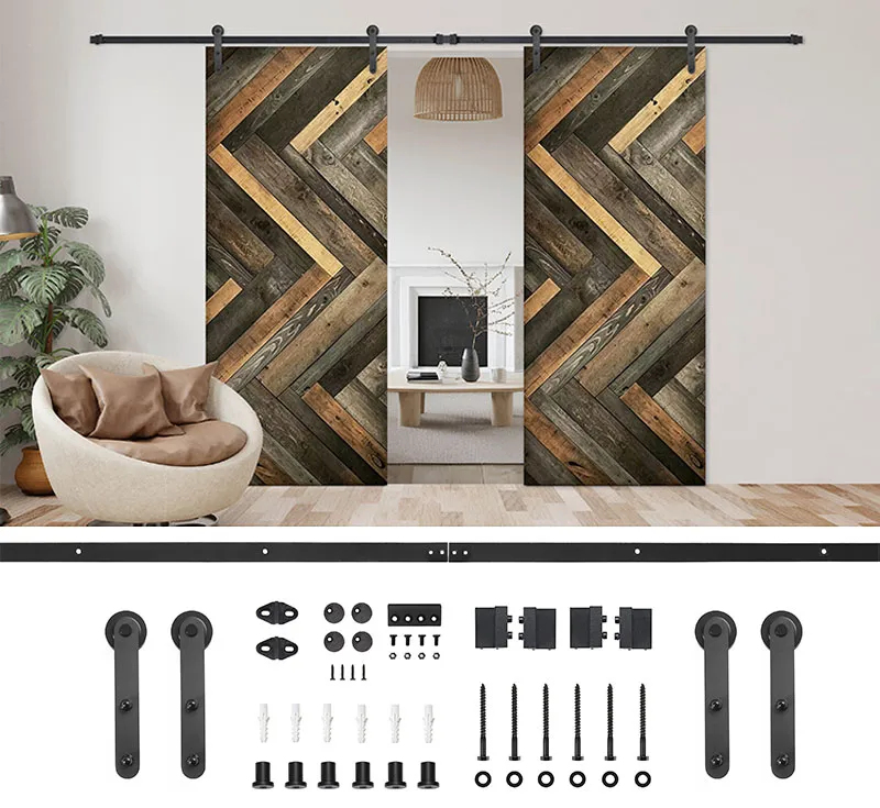 Biparting Barn Door Hardware Kit, Matte Black Classic Flat Straight Hanger Sliding Track System for Interior Herringbone Reclaimed‑Style Wood Biparting Barn Doors