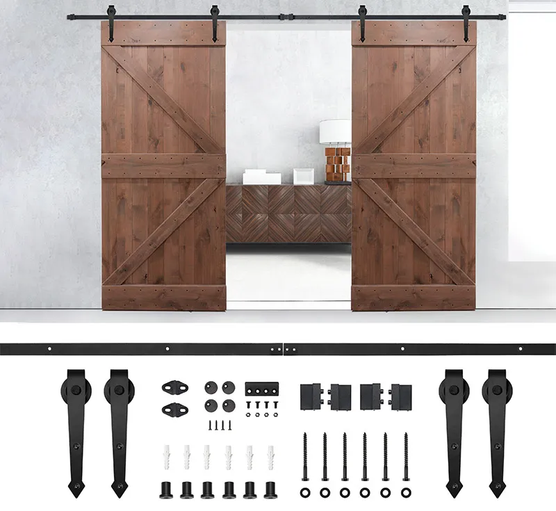Biparting Barn Door Hardware Kit, Matte Black Classic Pointed‑End Straight Hanger Sliding Track System for Interior Rustic Plank‑Style Biparting Wood Barn Doors