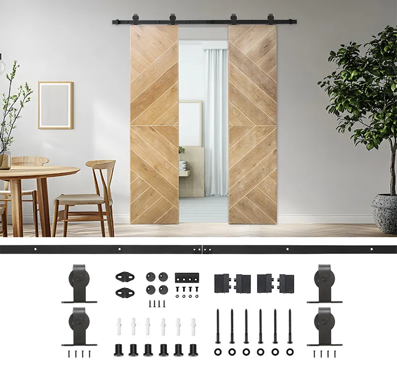 Biparting Barn Door Hardware Kit, Matte Black Flat Top‑Mount Sliding System for Interior Two‑Panel Wood Biparting Barn Doors