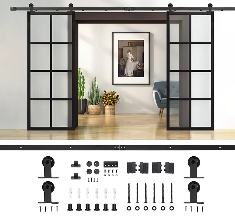Biparting Barn Door Hardware Kit, Matte Black Flat Top‑Mount Sliding System for Interior Metal‑Frame Glass Biparting Barn Doors