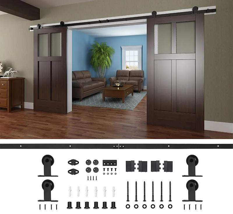Biparting Barn Door Hardware Kit, Matte Black Flat Top‑Mount Sliding Track System for Interior Two‑Panel Stile‑and‑Rail Biparting Barn Doors