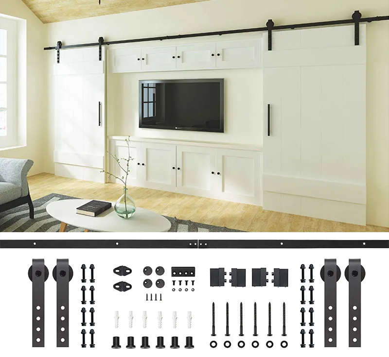 Biparting Barn Door Hardware Kit, Matte Black Multi‑Hole Flat Straight Hanger Sliding Track System for Interior Shaker‑Style Biparting Wood Barn Doors