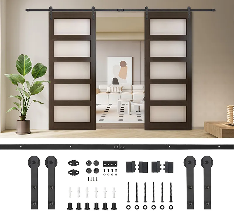 Biparting Barn Door Hardware Kit, Matte Black Straight Side‑Mount Hanger Sliding Track System for Interior Wood‑Glass Biparting Barn Doors