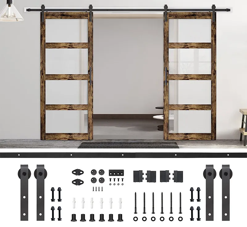 Biparting Barn Door Hardware Kit, Matte Black Surface‑Mount Single‑Track Sliding System for Interior Glass‑Wood Biparting Double Barn Doors