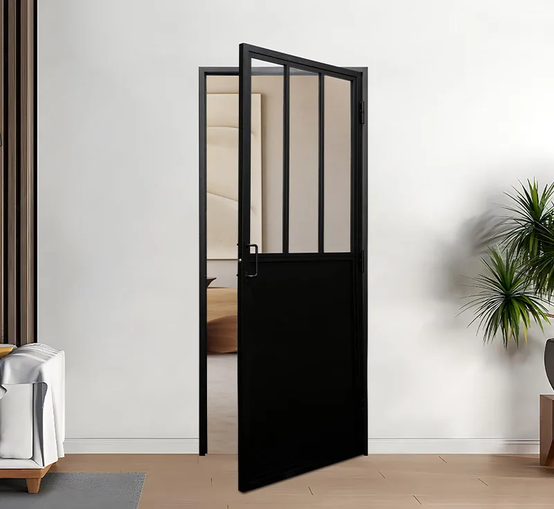 Black Metal Frame 3‑Lite Grid Glass Hinged Door, Half‑Solid Half‑Glass Swing Interior Door for Industrial & Farmhouse Renovation