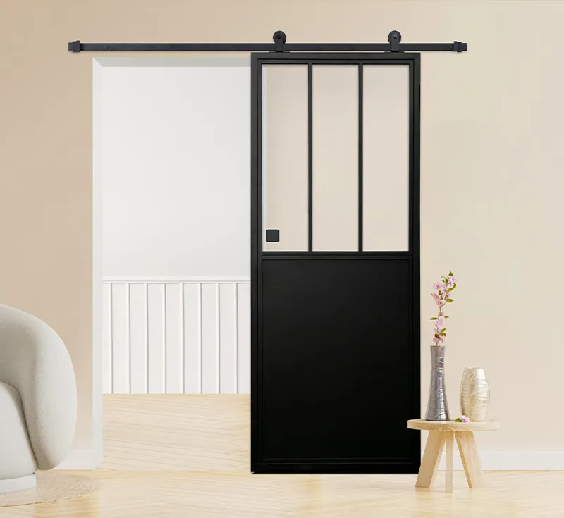 Black Metal Frame 3‑Lite Vertical Glass‑Solid Barn Door, Half‑Glass Half‑Solid Industrial Sliding Interior Barn Door Complete with Hardware Kit