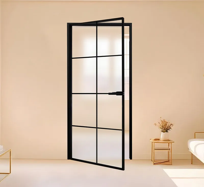 Black Metal Frame 8‑Lite Grid Frosted Glass Hinged Door, Multi‑Pane Crittall‑Style Privacy Swing Interior Door