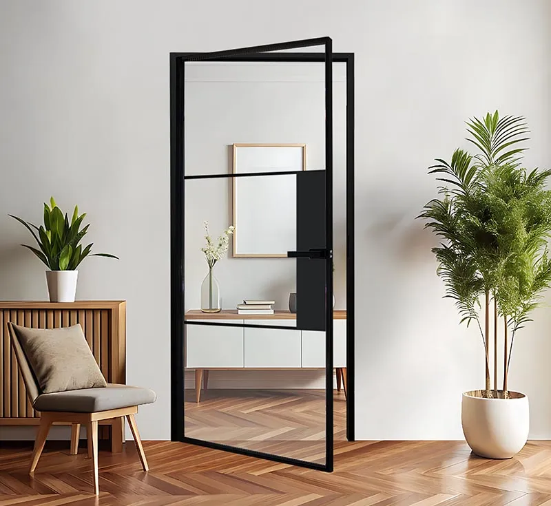 Black Metal Frame Asymmetric 3‑Lite Mixed Glass‑Solid Hinged Door, Offset Solid Panel Modern Crittall‑Style Swing Interior Door