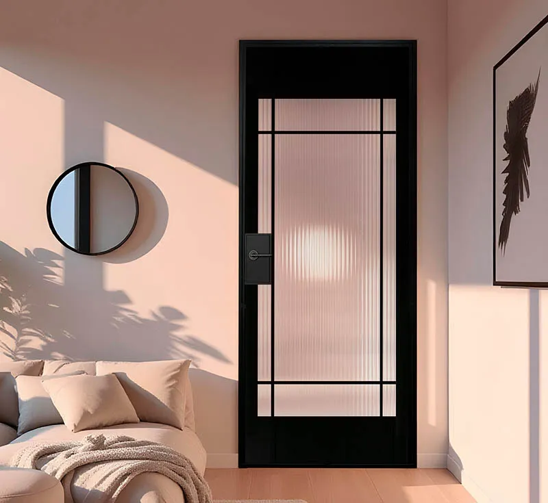 Black Metal Frame Geometric Grid Reeded Glass Hinged Door, Perimeter‑Muntin Ribbed Glass Swing Door with Solid Bottom Panel