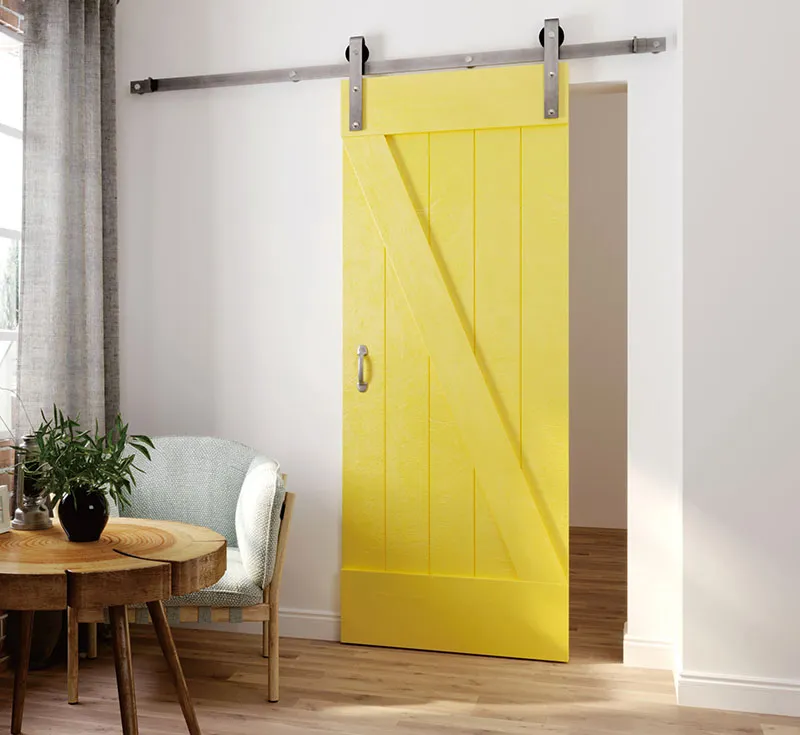 Bright Yellow Z‑Brace Solid Wooden Interior Sliding Barn Door, Tongue & Groove Solid Timber Accent Barn Door Slab with Hardware Kit for Home Renovation Wholesale From China Factory Manufacturer