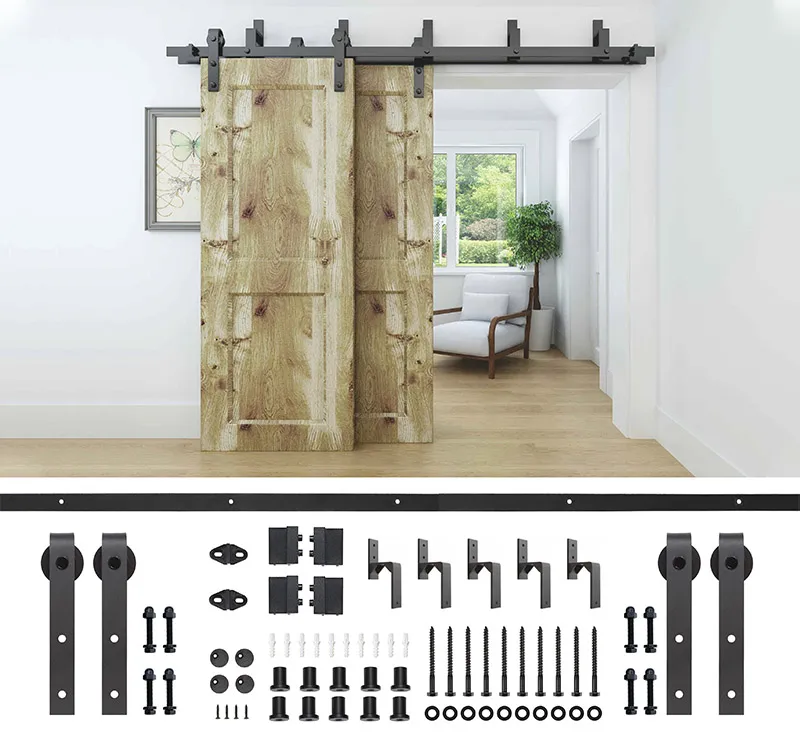 Bypass Barn Door Hardware Kit, Matte Black Surface‑Mount Double Track Sliding System for Two‑Panel Interior Bypass Wood Doors