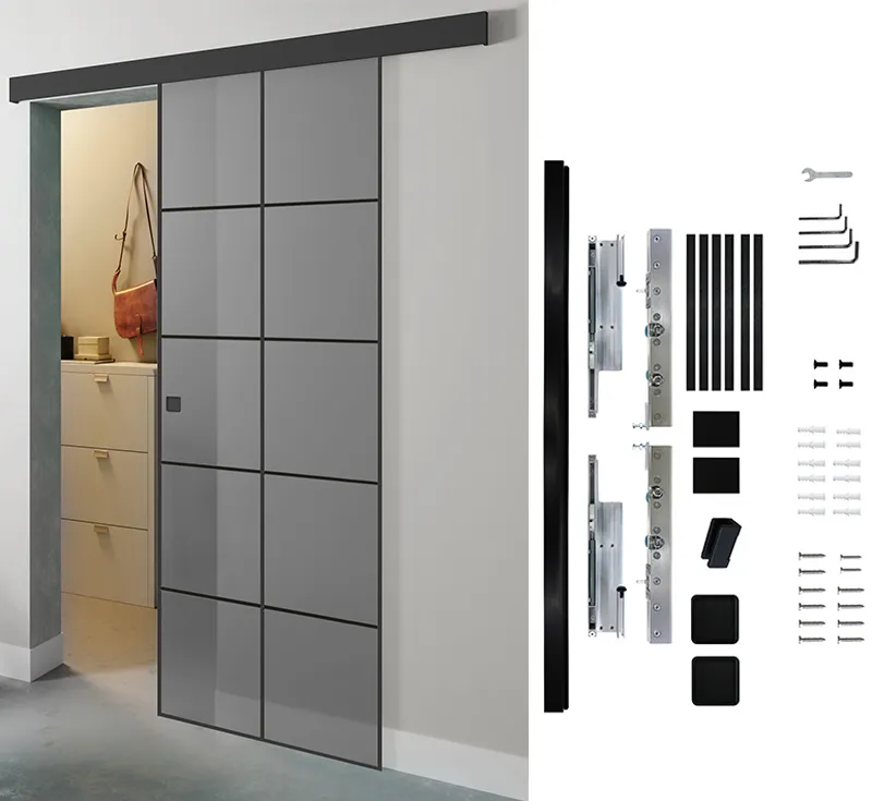 Concealed Top‑Hung Sliding Barn Door Hardware Kit, Aluminum Alloy Double‑Sided Buffer Sliding Track for Custom CE Tempered Printed Jade‑Sand Glass Door
