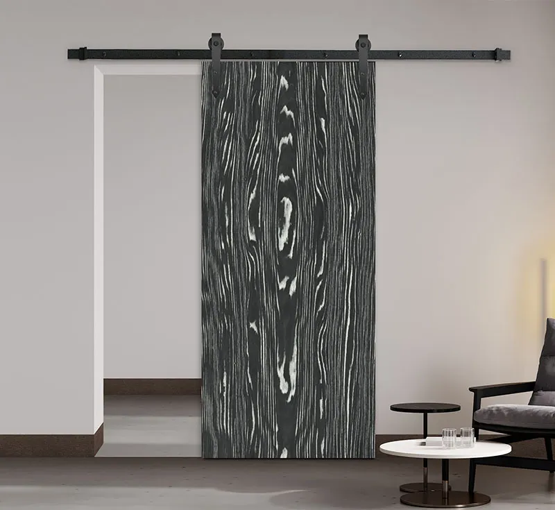 Dark Contrast Grain Engineered Tech‑Wood Veneer Sliding Barn Door, Solid‑Core Interior Barn Door with Matte‑Black Hardware Kit for Wholesale Residential Projects