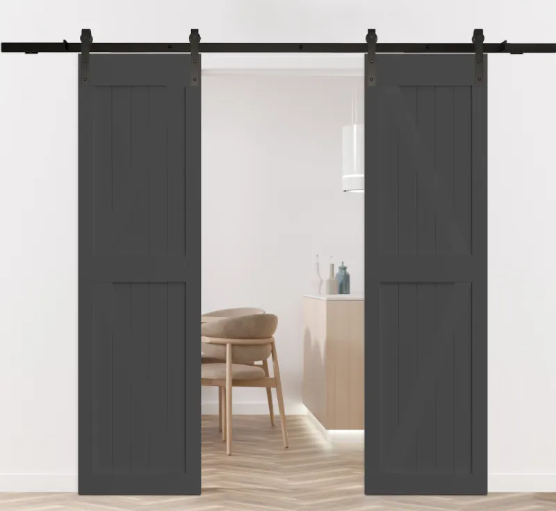 Dark Grey PVC Assembled Double Barn Door, Traditional Z‑Bar Board‑and‑Batten Bypass Sliding Barn Door with Complete Hardware Kit