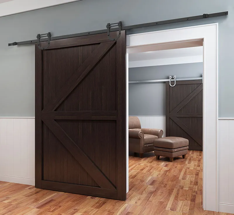 Dark Stained Z‑Brace Framed Solid Wood Sliding Barn Door, Deep Espresso Finished Z‑Shape Brace Wood Barn Door with U‑Shaped Matte Black Sliding Hardware Kit for Rustic Farmhouse Wholesale From China Factory Manufacturer